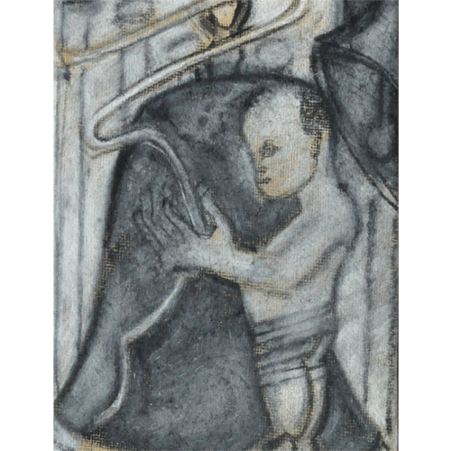 CD02 
Bell and child - I 
Charcoal and crayon on paper 
5 x 4 inches 
Unavailable (Can be commissioned)