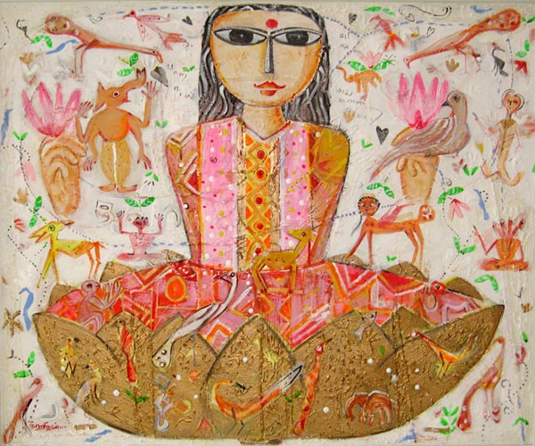 MU07 
Lakshmi 
Mixed media on canvas 
30 x 36 inches 
Unavailable (Can be commissioned) 